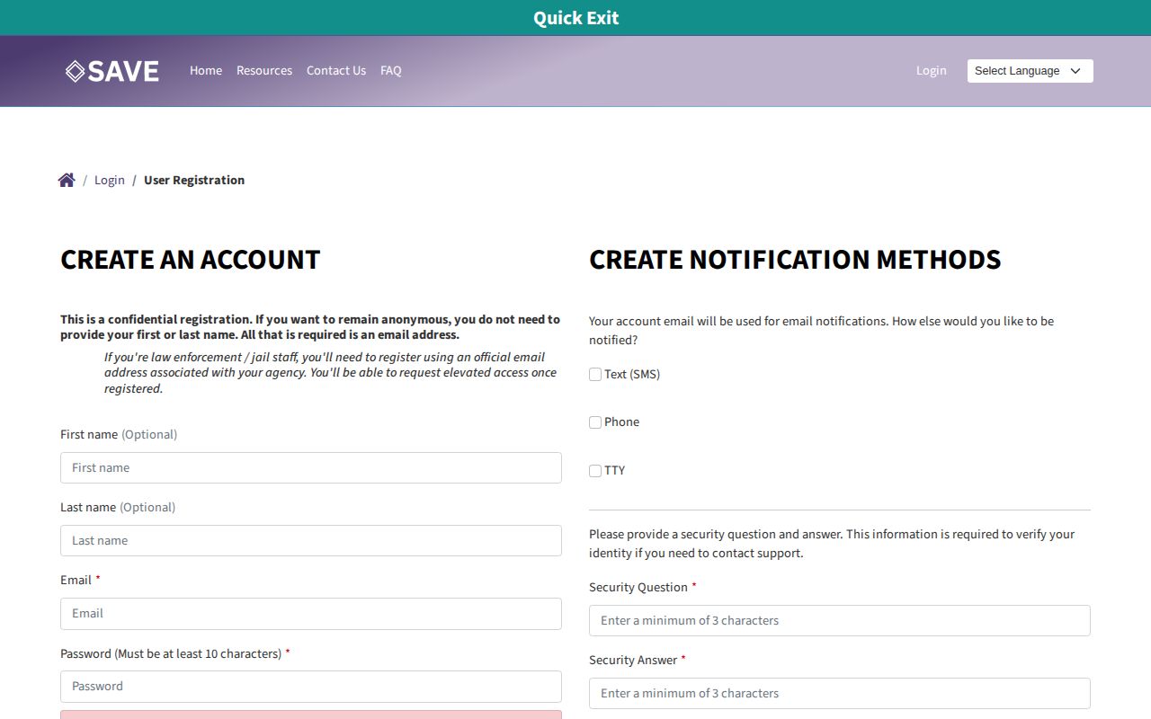 Nevada SAVE registration form with notification options