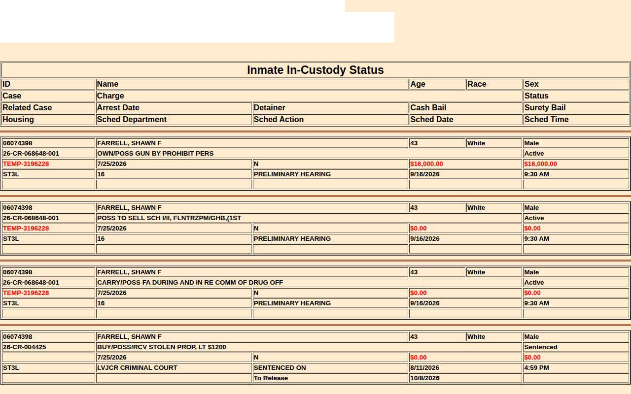 Sanitized CCDC result interface with charge bail housing and schedule fields