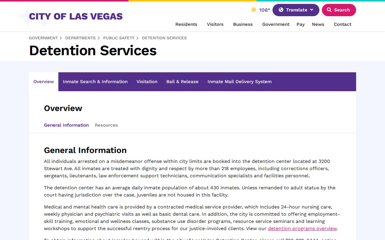 Las Vegas Detention Services arrest and current custody information page