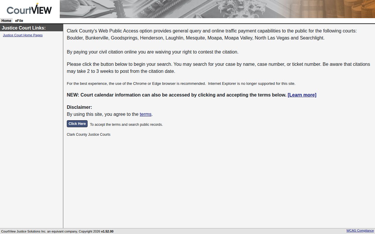 Clark County Justice Court public access search screen