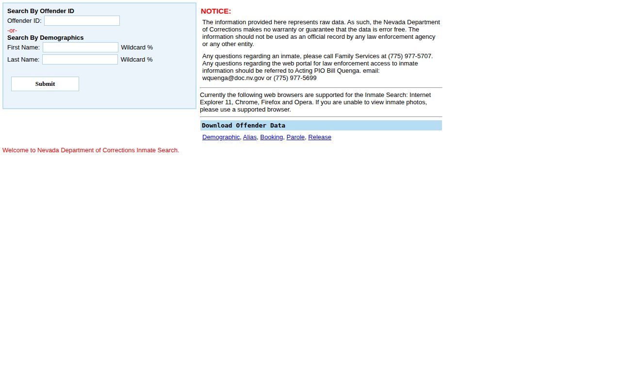 Nevada Department of Corrections offender search and photo notice