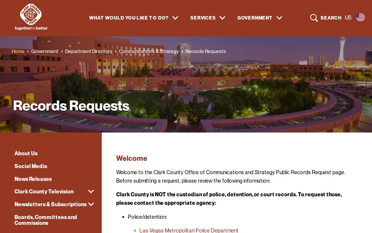 Clark County records page explaining police detention and court custodians